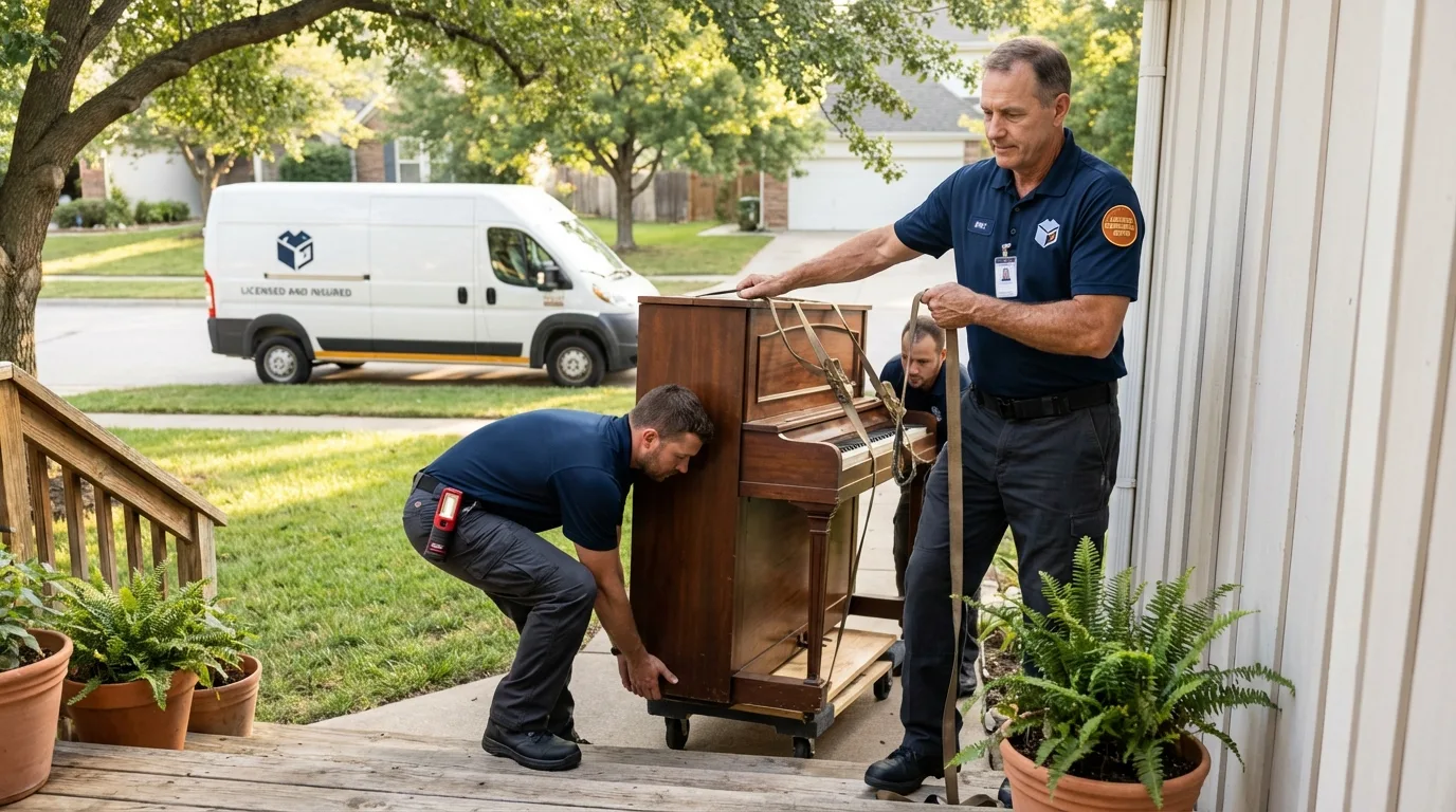 Licensed piano movers securing grand piano in Richardson, TX