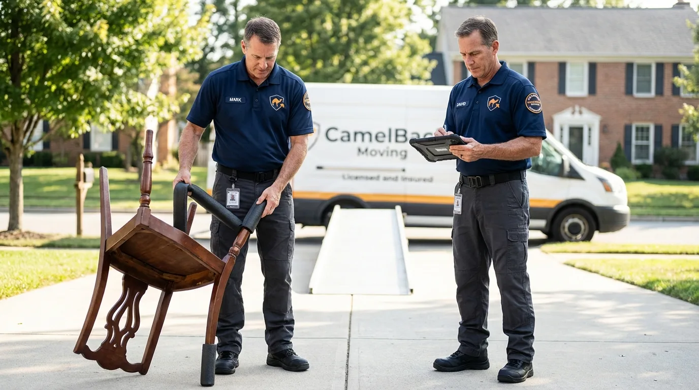 Movers inspecting furniture for damage prevention before loading in Richardson, TX