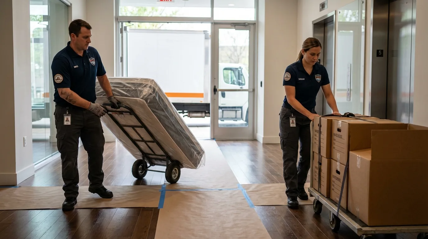 Professional apartment movers loading elevator in Richardson, TX